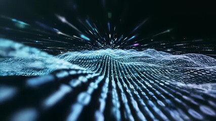 Data abstraction unfolds on computer screen as intricate digital landscape mirrors serene mountain range, capturing innovative concept of technology intersecting with nature.