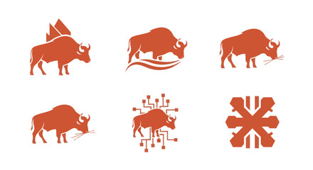 Six simplified illustrations of a bison in shades of orange. Themes vary with each image