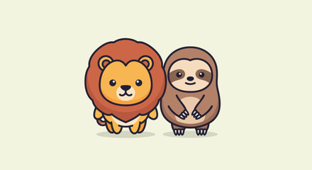 Naklejka premium Cute illustration of a lion and sloth standing together on a neutral background