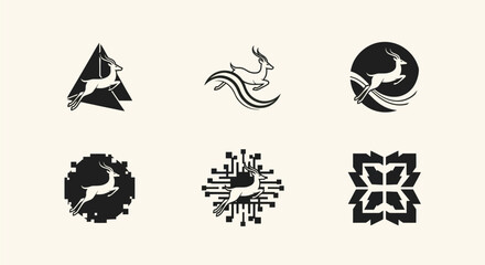 Six stylized illustrations of a leaping antelope, each within a unique geometric frame