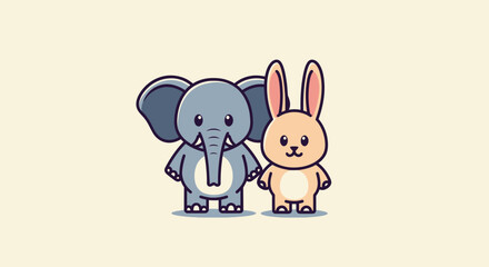 Adorable cartoon elephant and bunny friends stand side-by-side, holding hands, with a light background