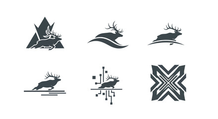 Obraz premium Six minimalist illustrations of stags, incorporating nature, technology, and geometric design