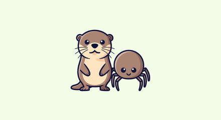 Obraz premium A cute otter and spider cartoon stand close against a plain, off-white background
