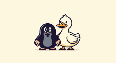 Cartoon illustration featuring a mole and a duck standing side-by-side on a cream background