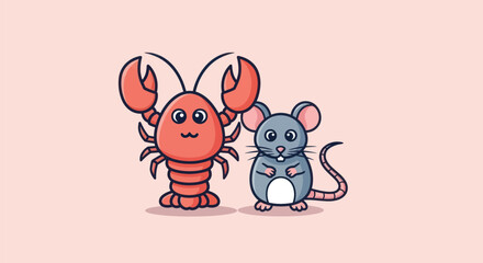 Illustration of a red cartoon lobster and a gray cartoon mouse standing on pink background