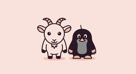 A cartoon goat and a mole stand side by side on a pastel pink background