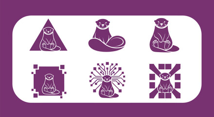 Six variations of an otter illustration in purple and white, set against a rounded background