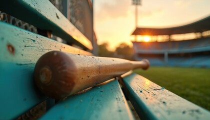 A wooden baseball bat lies on a worn teal bench at a baseball stadium. Warm golden sunset light glows over the green field. This evokes a quiet pause after a game or before practice.