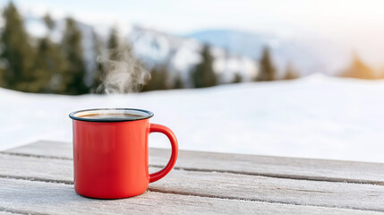 Red mug with steaming hot coffee on frosty wooden table, enjoying winter wonderland mountain landscape