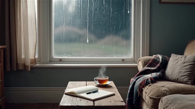 Lo-fi animated room with rain on the window, cozy ambience perfect for relaxation, study, and creative focus.
