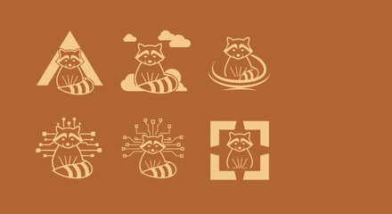 A set of six raccoon illustrations in different artistic styles, with a brown background
