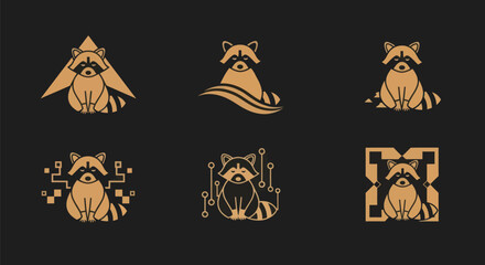 Six minimalist raccoon logos on a black background, various poses and abstract geometric designs © gudangPIXEL