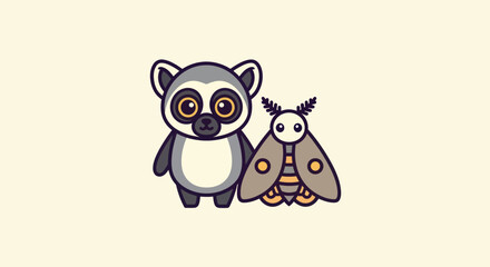 A cartoon lemur and moth, smiling side-by-side against a pale yellow background