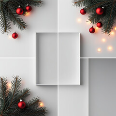 Elegant Christmas frame with red ornaments and lights