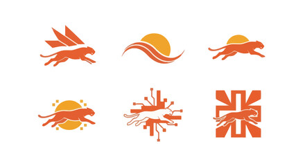 Collection of orange jaguar-like logos featuring suns, wings, and abstract designs