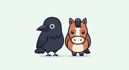 A cartoon crow and horse stand side-by-side on a light green background