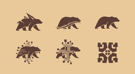 Six brown bear icons in various designs on a light brown background