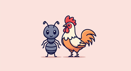 A cartoon ant stands beside a colorful rooster on a pale pink background