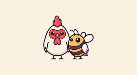 A cartoon chicken and bee stand close together, colored in simple vector art style