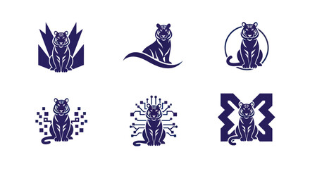 A series of stylized tiger illustrations, rendered in dark blue on a white background