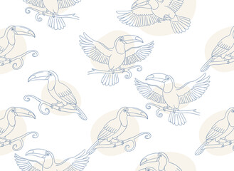 Naklejka premium A stunning tropical seamless pattern featuring various exotic birds perched on tree branches and soaring against a white backdrop, rendered as a monochrome vector illustration suitable for wallpaper