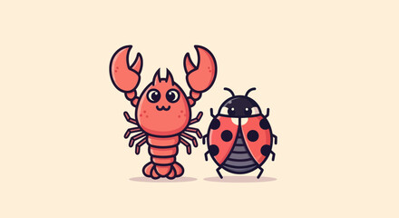 Cartoon lobster and ladybug characters standing together on a solid beige background