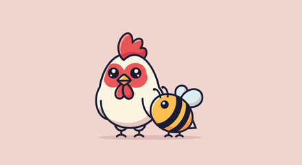 Cartoon depiction of a chicken and a bee on a pink background