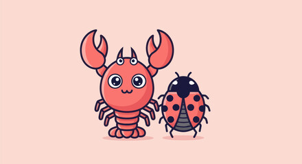 Adorable red cartoon lobster and ladybug side-by-side on a light pink background