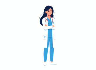 Portrait of a female doctor wearing a stethoscope and a white coat, smiling as a general practitioner with her hands crossed, depicted as a flat vector illustration on a white background