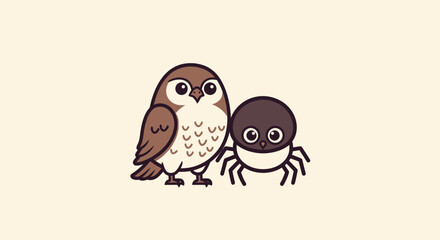 Cartoon owl and spider with big eyes, brown, and tan hues against a solid background
