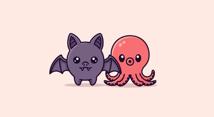 Adorable illustration featuring a cartoon bat and octopus side by side on a pink backdrop