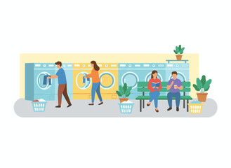 Fototapeta premium A modern industrial laundromat featuring automatic washing and drying machines, depicted in a colorful flat vector illustration, where people gather