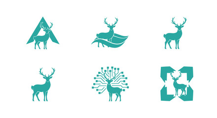 Six teal deer silhouettes in different logo designs against a white background