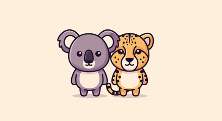 A cartoon koala and cheetah stand together, smiling, on a cream background