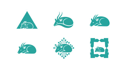 A series of teal-colored animal graphic icons in various stylized compositions