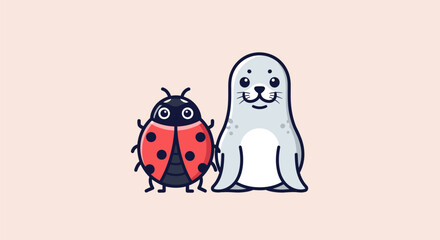 A cartoon ladybug and seal stand together on a pastel pink background