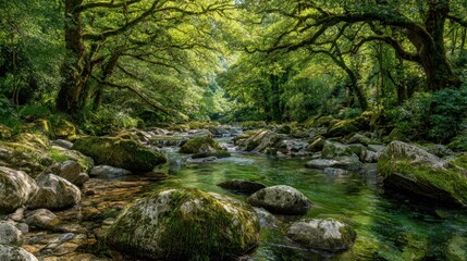 Clear water cascades over smooth stones as sunlight filters through green leaves creating tranquility.