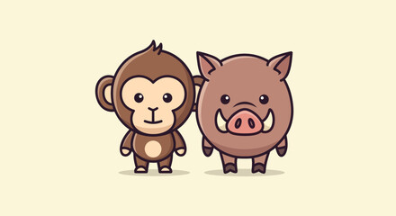 Two cartoon animal friends, a monkey and a boar, side-by-side on a light background