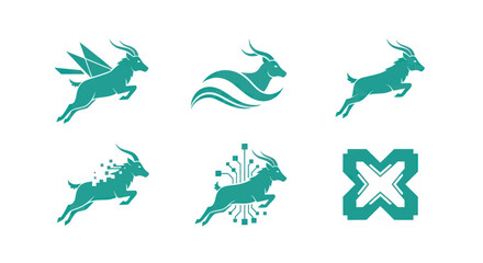 Six stylized teal antelope logos in a jumping pose on a white background, including digital and geometric variations