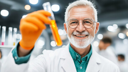 Elderly male researcher working in a laboratory, examining liquid in a test tube. Concept of scientific discovery and experimentation