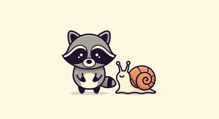 A cartoon raccoon and a snail stand side-by-side, on a cream background