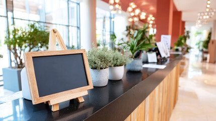 Blank chalkboard sign with wooden frame sitting on a black counter, surrounded by potted plants in a modern lobby