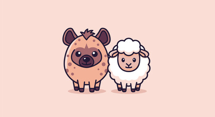 A cartoon hyena and a sheep stand side-by-side on a pink background. They have a cute design