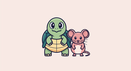 A friendly cartoon turtle and mouse stand together, set against a pale pink background
