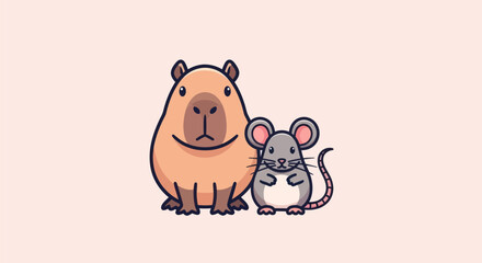 Cute cartoon illustration of a capybara and a mouse with a pastel pink background
