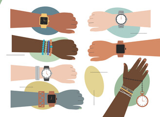 Watches are set on the hands; holding a wristwatch, checking the time, glancing at the wrist clock, and using a stopwatch