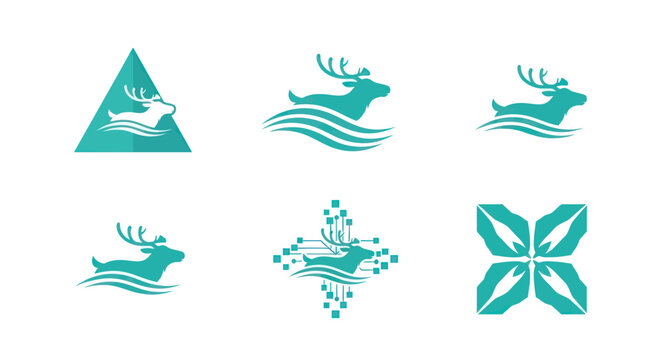 Six teal logos featuring a stag with antlers, often over waves, within geometric shapes