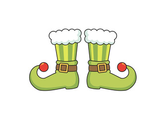 Naklejka premium Flat vector illustration of Christmas elf legs, featuring a Santa helper cartoon character, a leprechaun, and a pixie in humorous boots with bulges and belts, all shown with elfin feet in striped