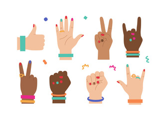 Fototapeta premium Illustrations of hands performing various grasping actions—grabbing, gripping, taking, with palms, fingers pointing, leaning, clenching, and holding—show a collection of arm gestures, rendered as