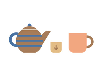 Obraz premium A flat vector illustration on a white background depicts a porcelain teapot with a long spout and a lid, alongside ceramic mugs and teacups